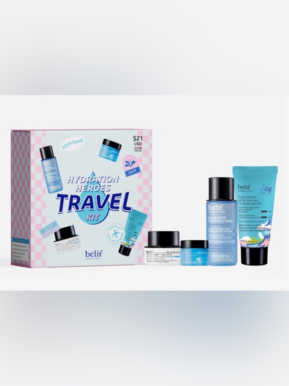 NWT belif Aqua Bomb Hydration Heroes Travel Kit